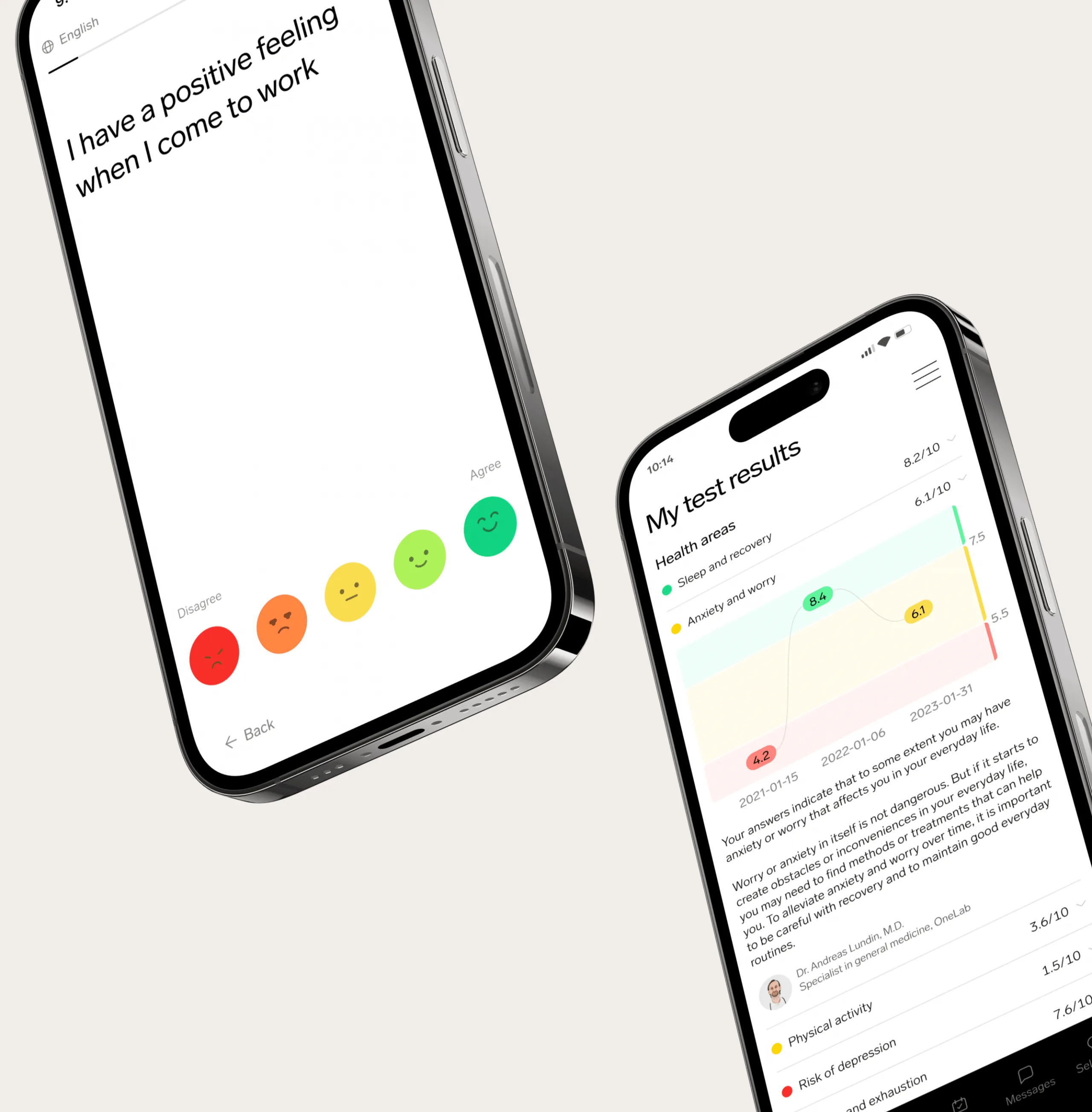 Mobile screens showing an employee survey question and personal health results that follow up on ill health
