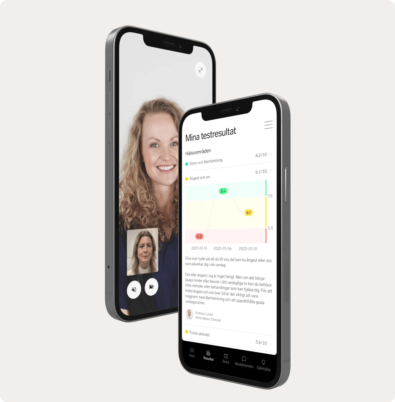 OneLab app on phones showing test results and video support for health programs and absence management