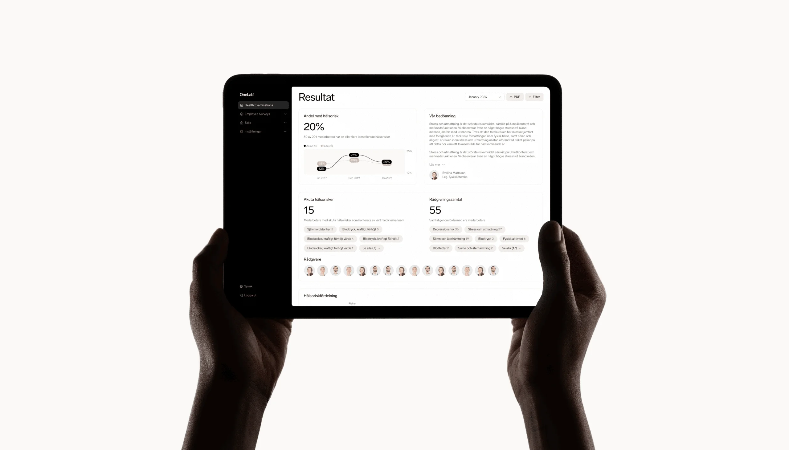 Tablet showing the OneLab digital health platform results dashboard for systematic work environment management